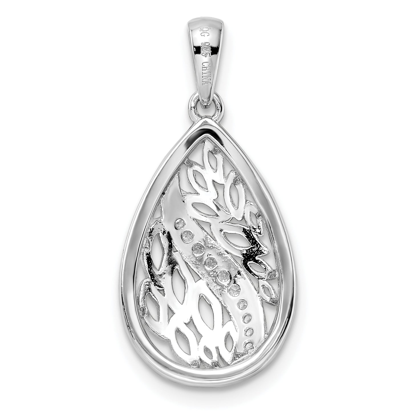 Sterling Silver Rhodium-Plated Leaves And Cz Teardrop Pendant