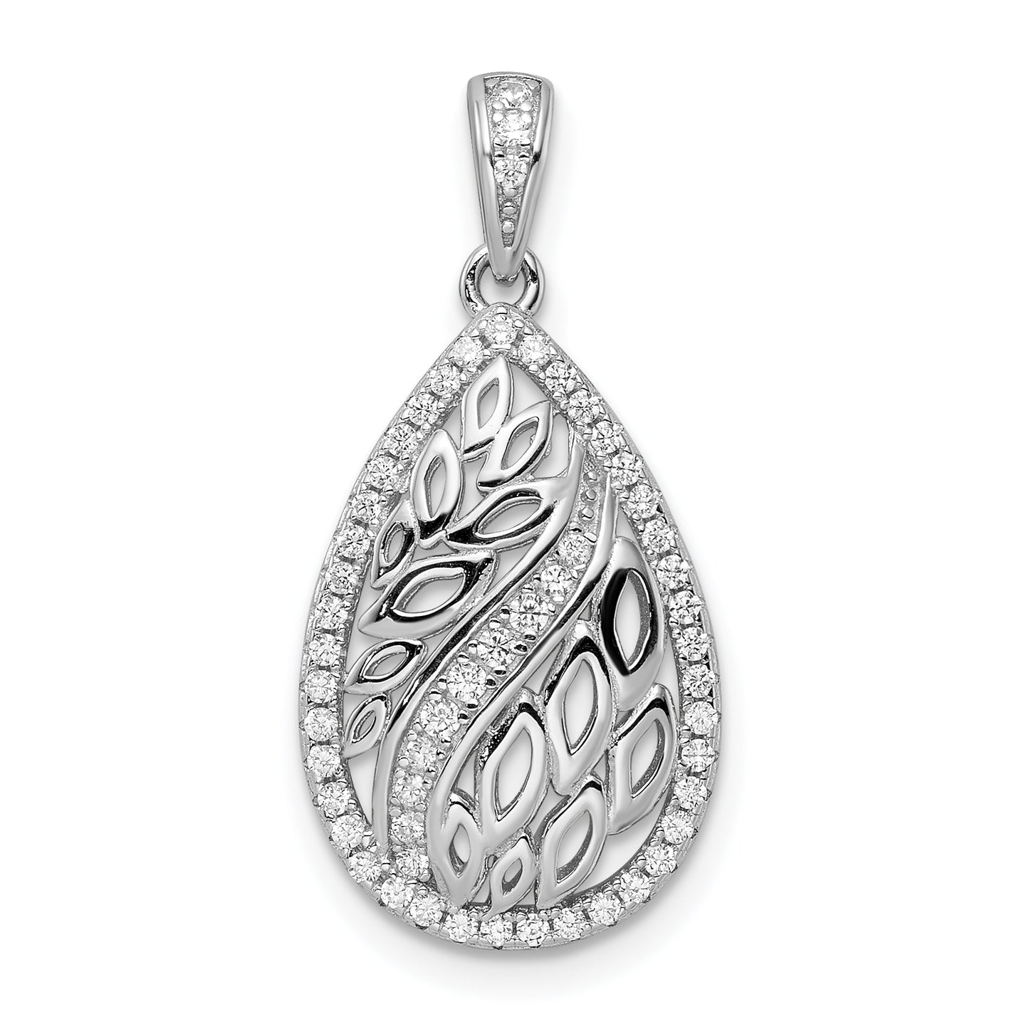 Sterling Silver Rhodium-Plated Leaves And Cz Teardrop Pendant