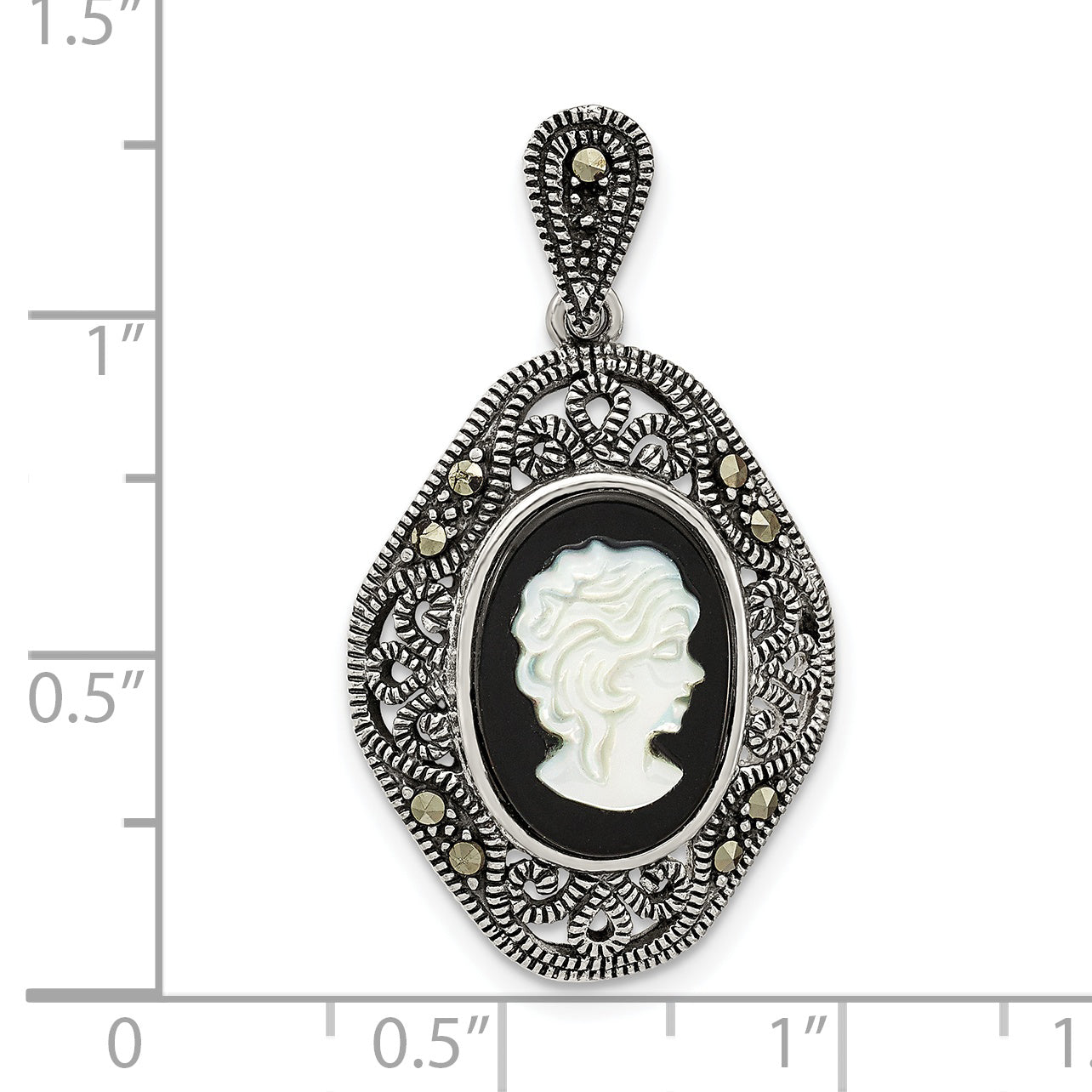 Sterling Silver Antiqued Marcasite Black Agate & Mop Cameo Pendant