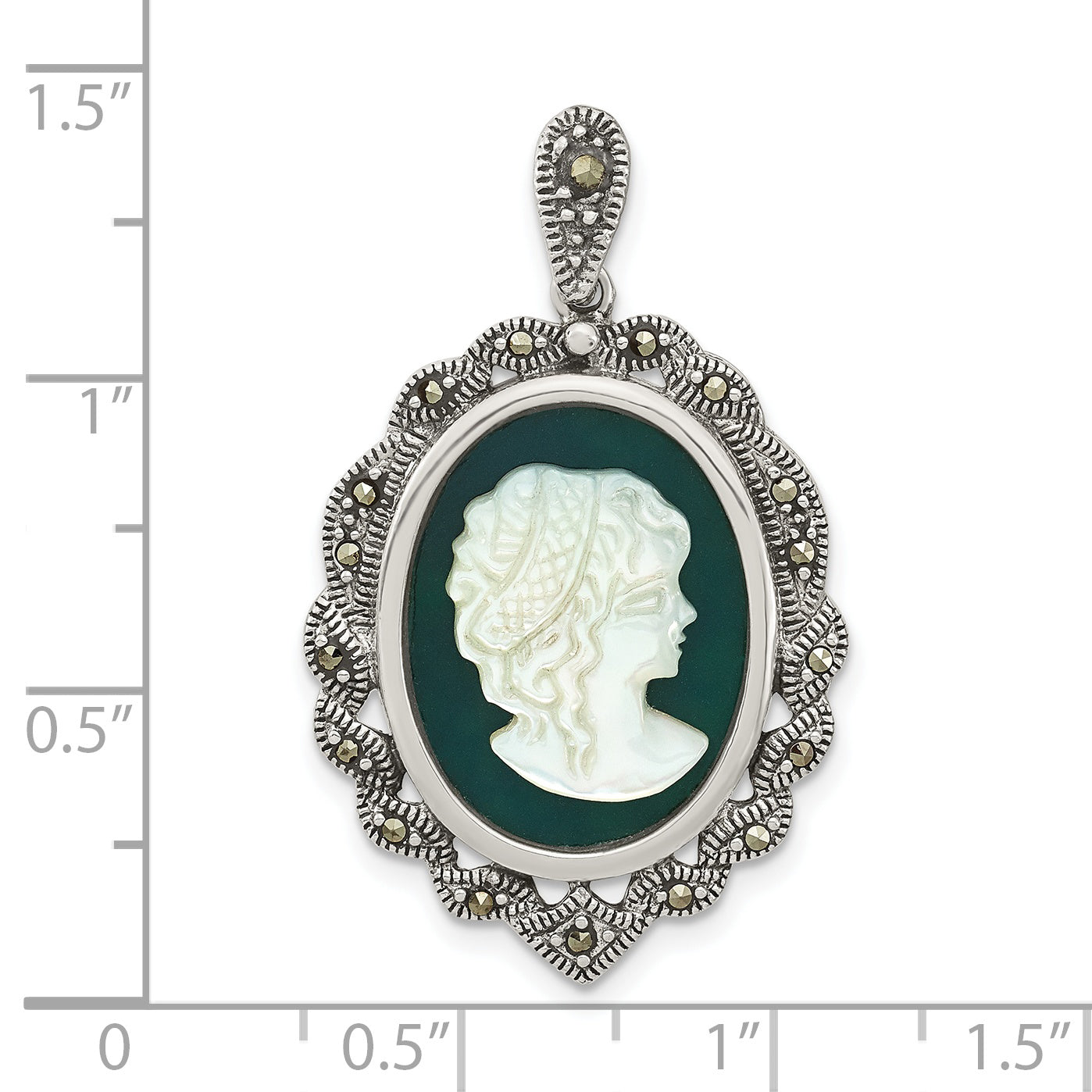 Sterling Silver Antiqued Marcasite Green Agate & Mop Cameo Pendant