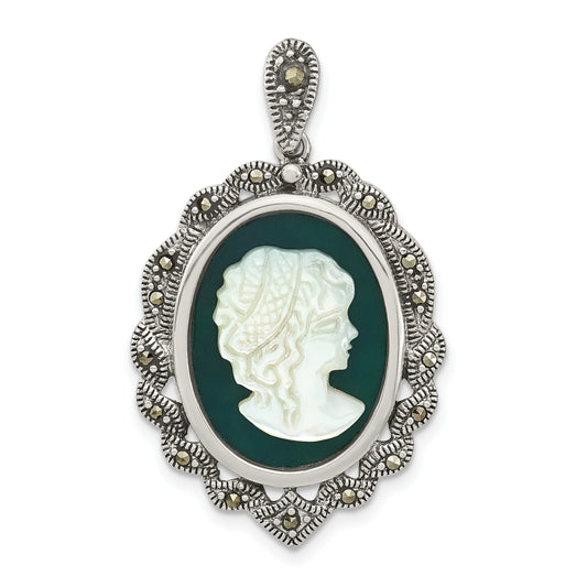 Sterling Silver Antiqued Marcasite Green Agate & Mop Cameo Pendant