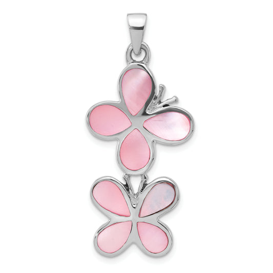 Sterling Silver Polished Pink Shell Double Butterfly Pendant