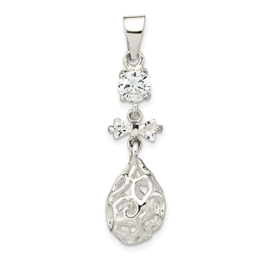 Sterling Silver Polished Cz Teardrop Dangle Pendant