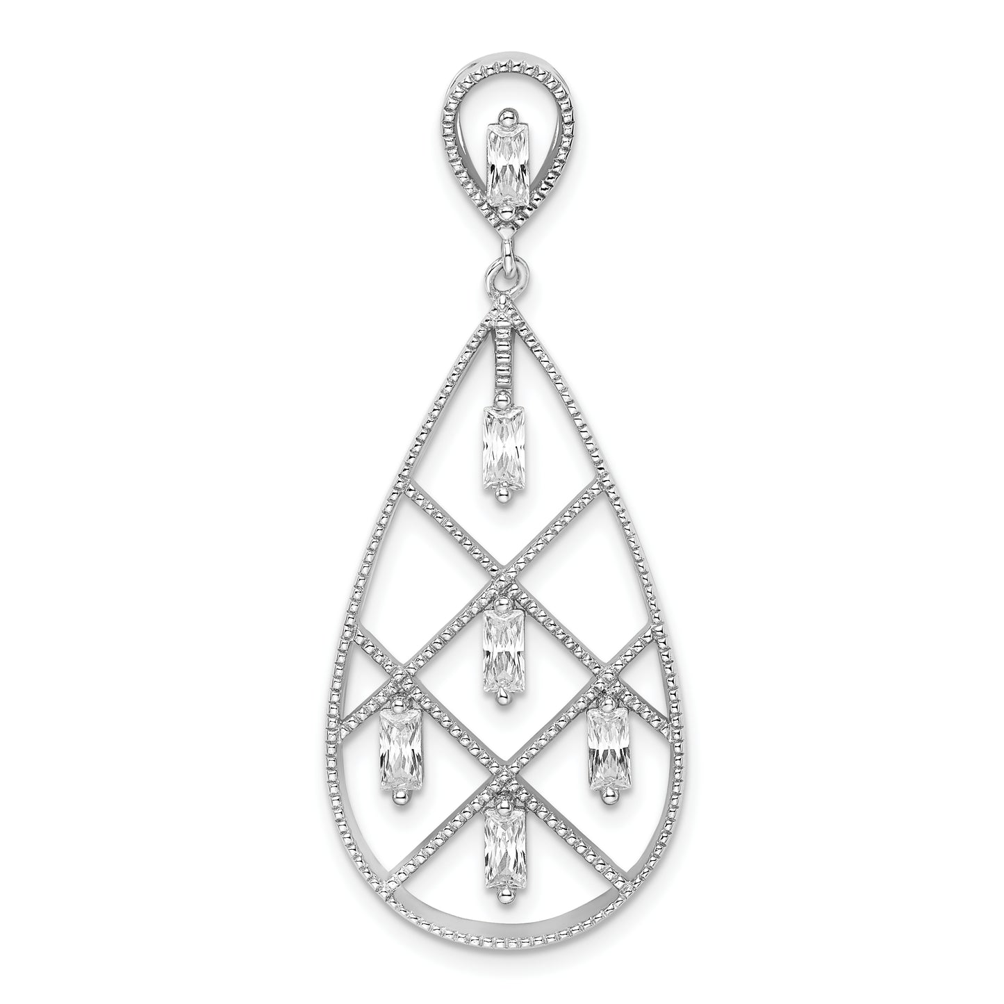 Sterling Silver Rhodium-Plated Baguette Cz Teardrop Pendant