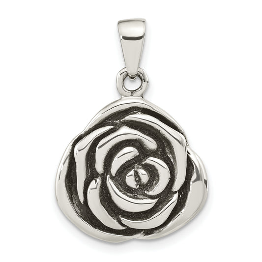 Sterling Silver Polished Antiqued Rose Pendant