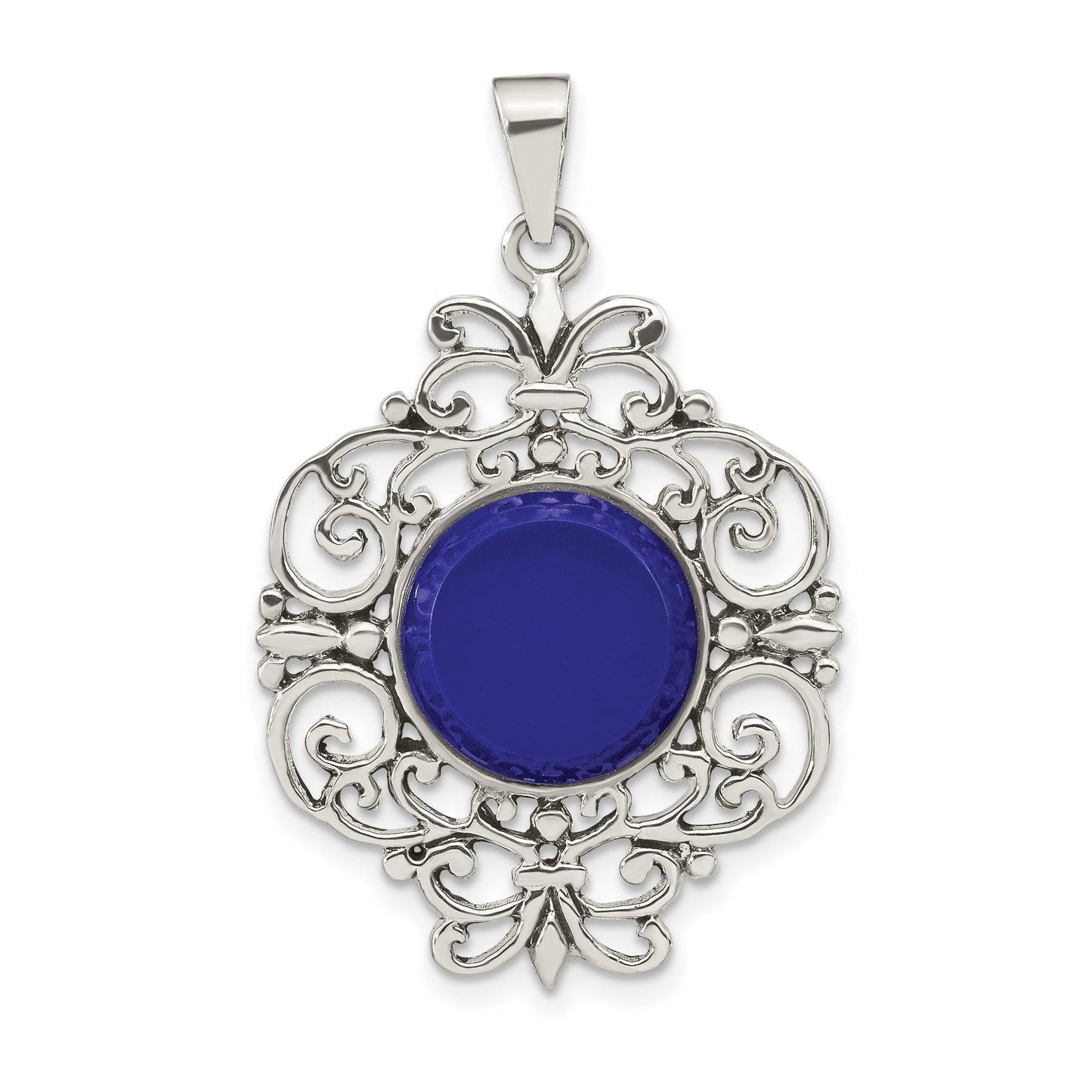 Sterling Silver Oxidized Dyed Blue Agate Filigree Fancy Pendant