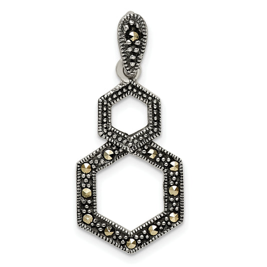 Sterling Silver Antiqued Marcasite Hexagon Pendant