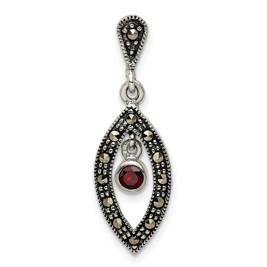 Sterling Silver Antiqued Marcasite & Red Glass Stone Pendant