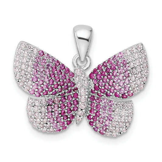 Sterling Silver Rhodium-Plated Polished Pink Cz Butterfly Pendant