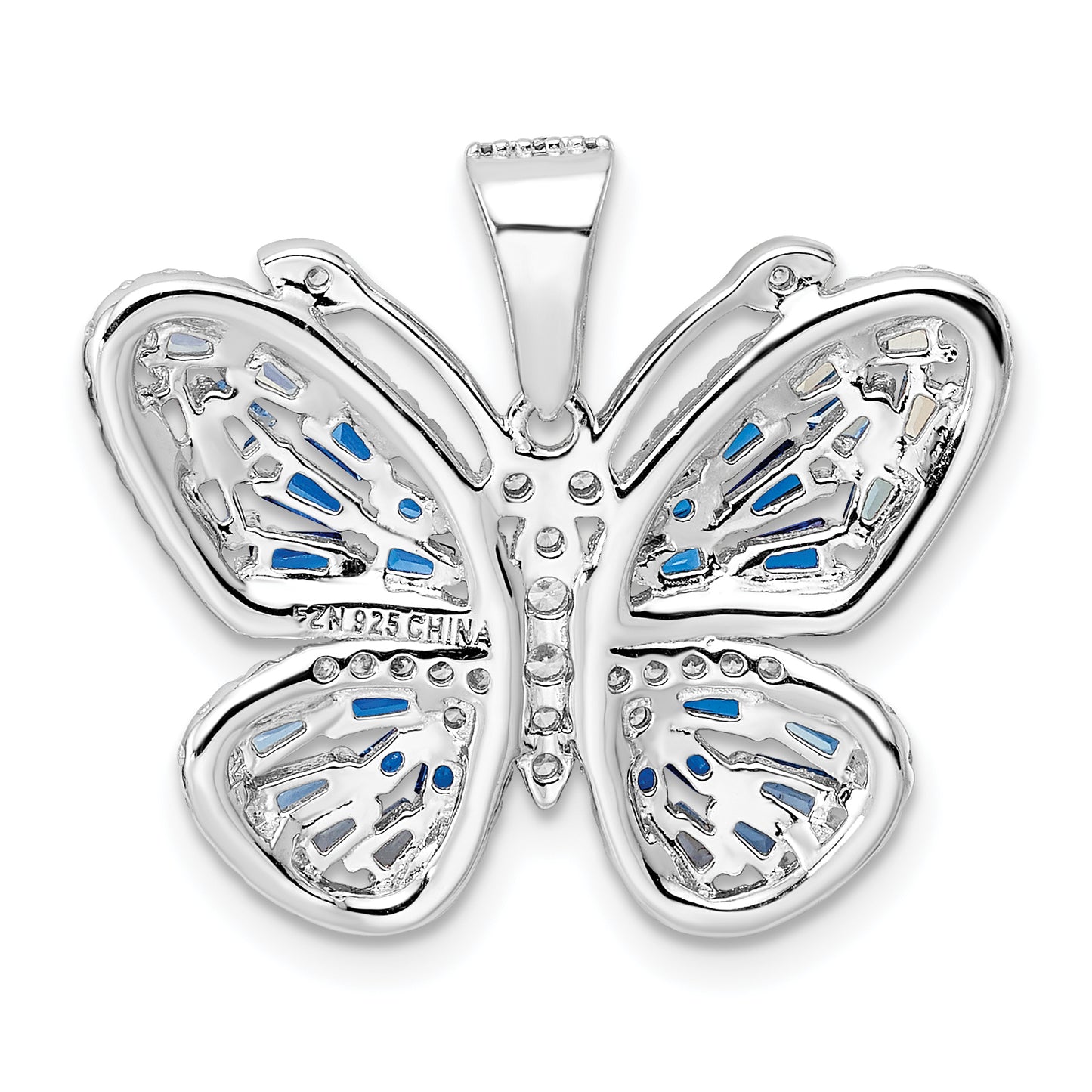 Sterling Silver Rhodium-Plated Polished Blue & White Cz Butterfly Pendant