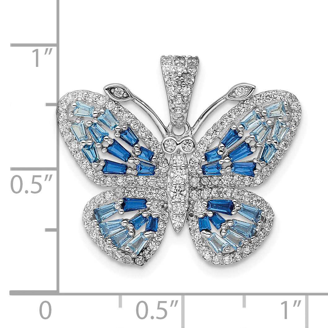 Sterling Silver Rhodium-Plated Polished Blue & White Cz Butterfly Pendant