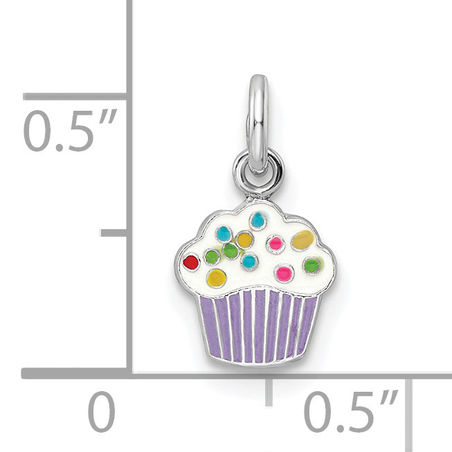 Sterling Silver Rh-Plated Multi-Color Enameled Cupcake Children'S Pendant