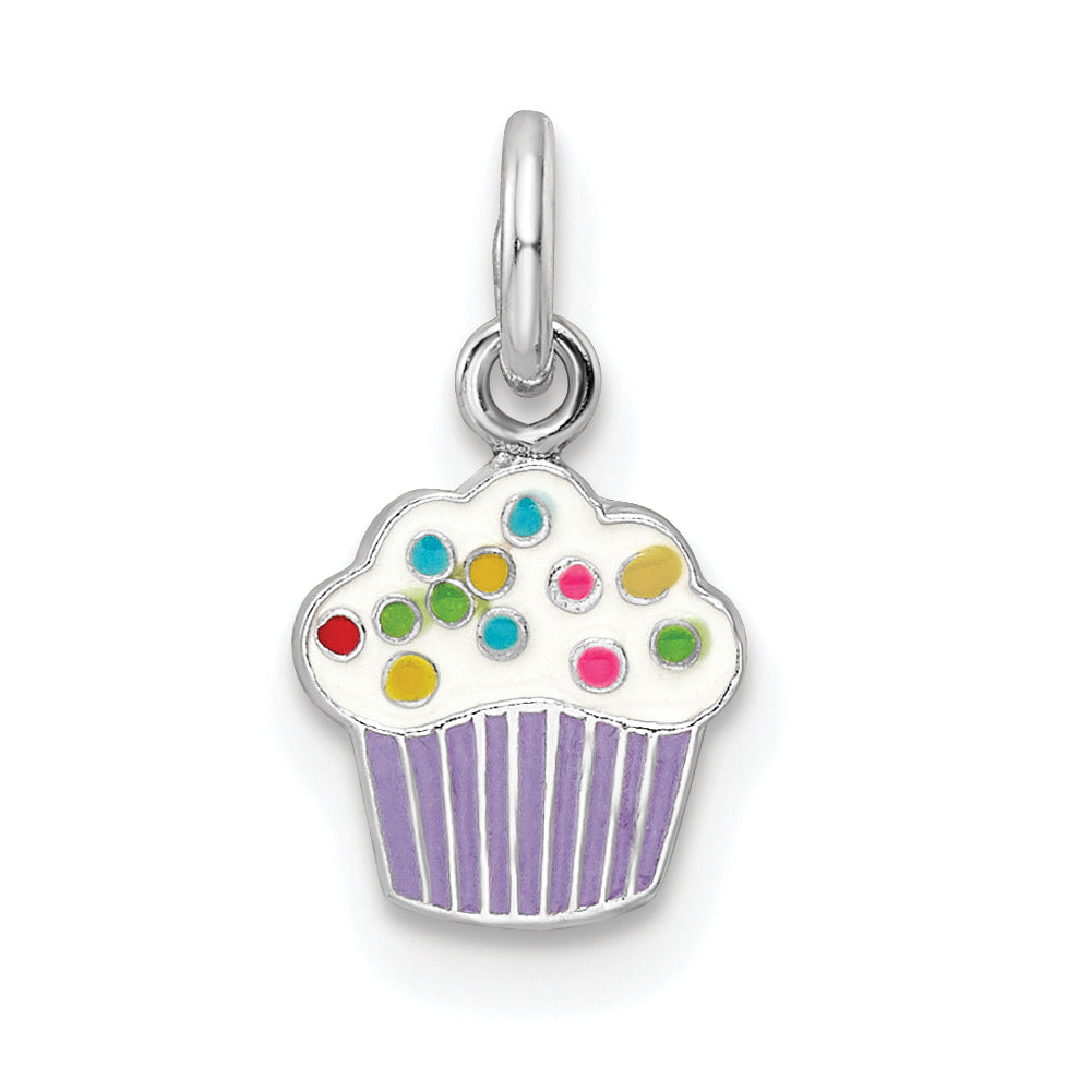 Sterling Silver Rh-Plated Multi-Color Enameled Cupcake Children'S Pendant