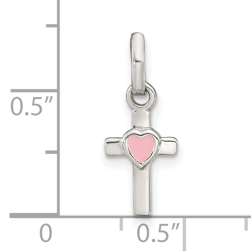 Sterling Silver Rhodium-Plated Cross Pink Enamel Heart Pendant