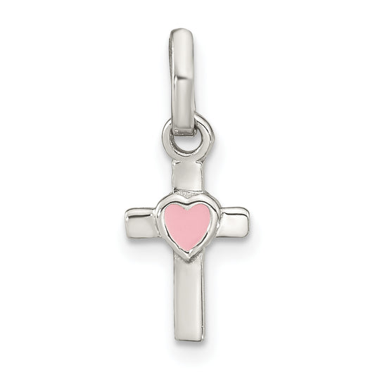 Sterling Silver Rhodium-Plated Cross Pink Enamel Heart Pendant