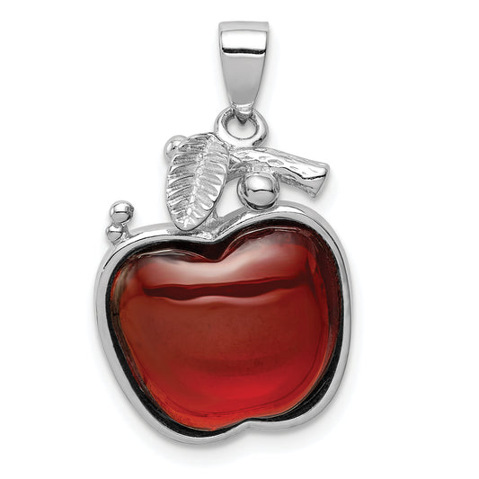 Sterling Silver Rhodium-Plated Red Cz Cabochon Apple Pendant