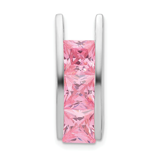 Sterling Silver Polished 3-Stone Square Pink Cz Chain Slide Pendant