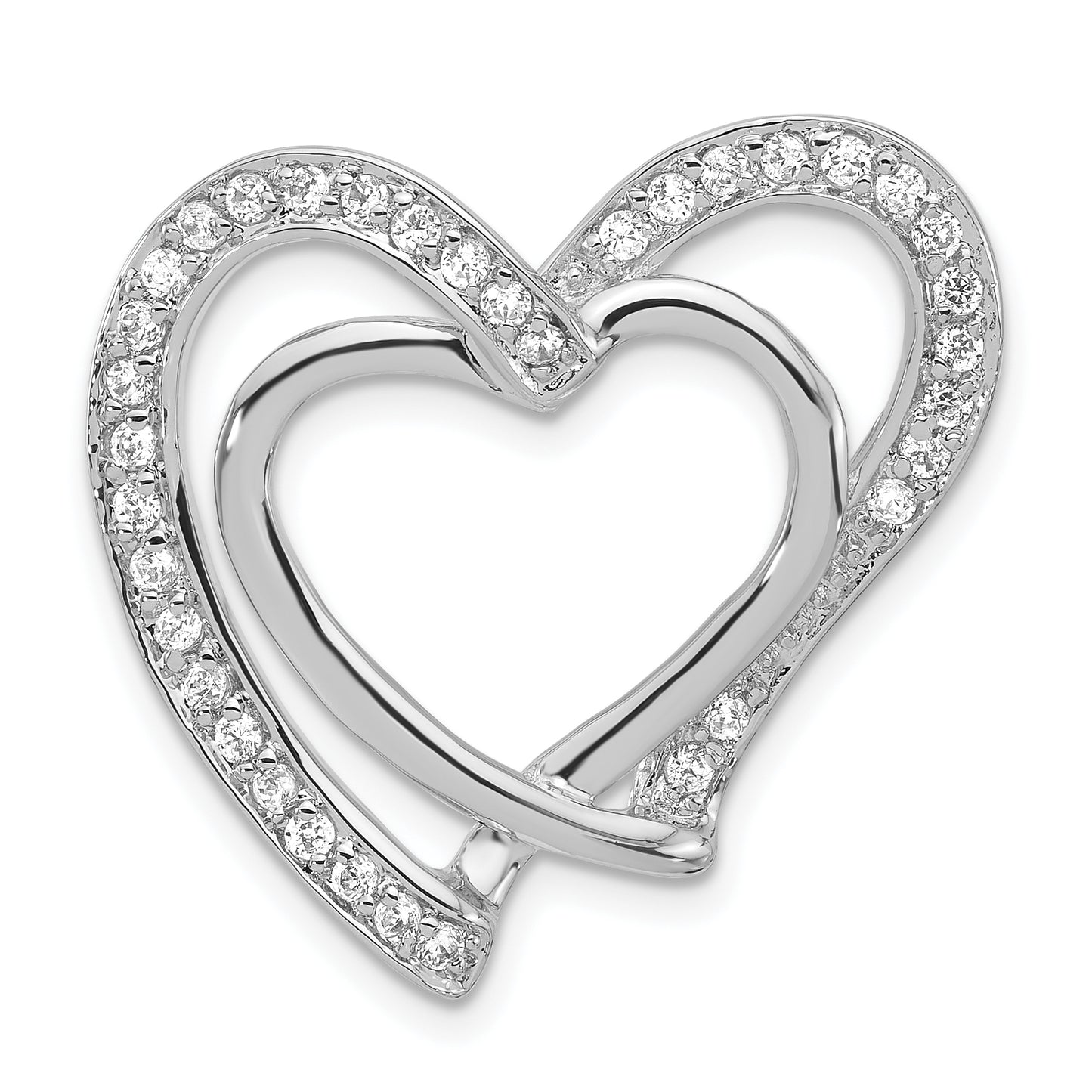 Sterling Silver Polished Cz Double Heart Chain Slide Pendant