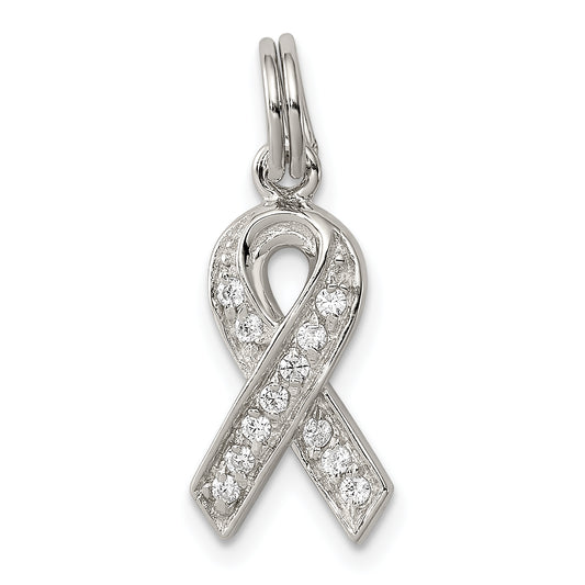 Sterling Silver Rhodium-Plated Cz Awareness Ribbon Pendant