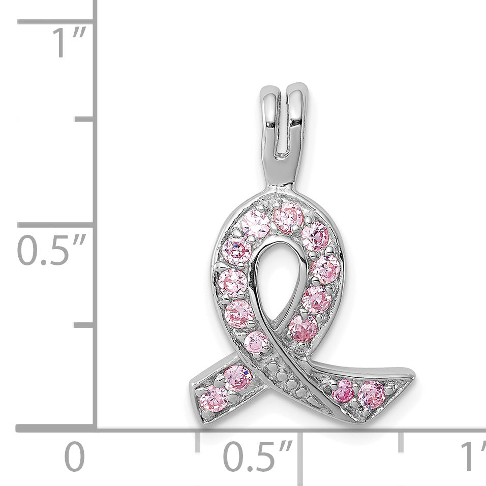 Sterling Silver Rhodium-Plated Pink Cz Awareness Ribbon Pendant