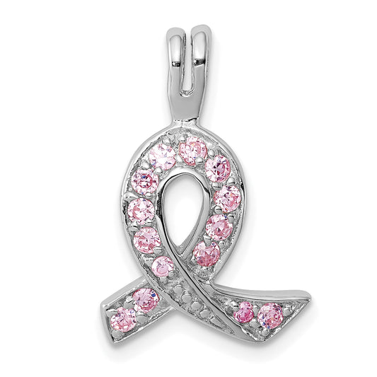 Sterling Silver Rhodium-Plated Pink Cz Awareness Ribbon Pendant