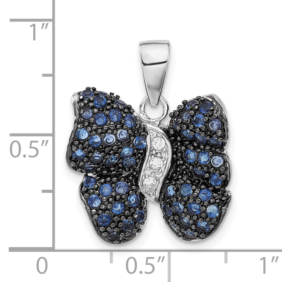 Sterling Silver Antiqued Blue & Clear Cz Butterfly Pendant