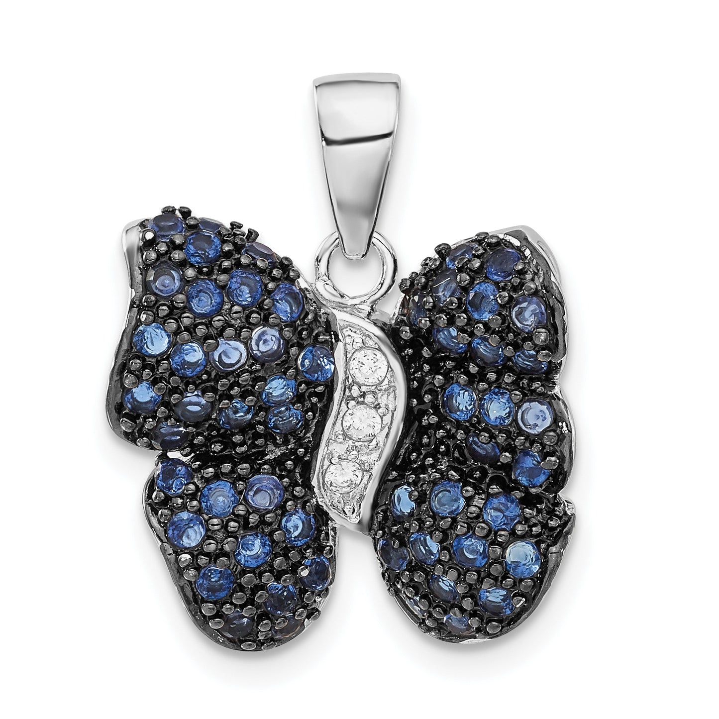 Sterling Silver Antiqued Blue & Clear Cz Butterfly Pendant