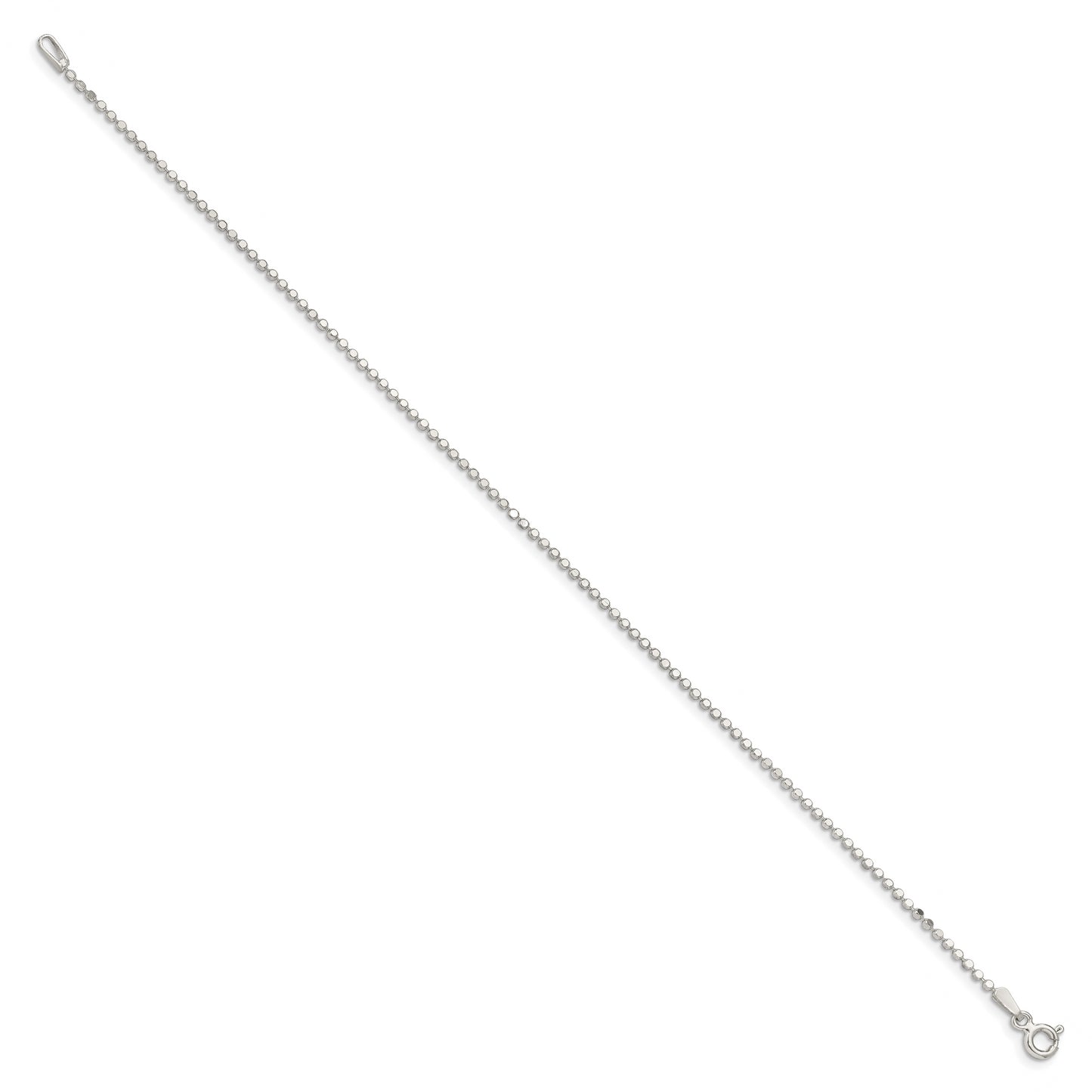 10 Inch Sterling Silver 1.15mm Square Fancy Beaded Chain Anklet