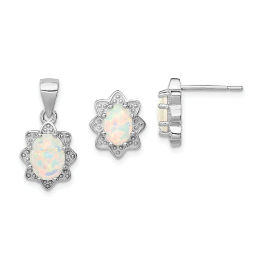 Sterling Silver Rhodium-Plated Created Opal Pendant And Earring Set