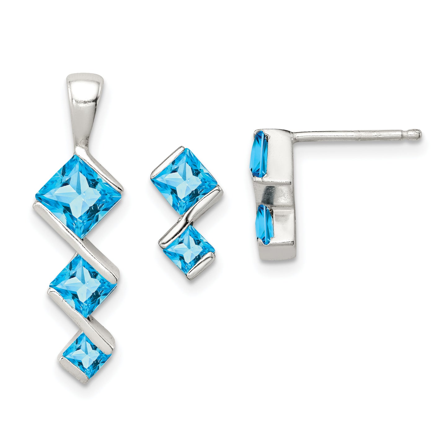 Sterling Silver Polished Blue Topaz Pendant And Post Earrings Set