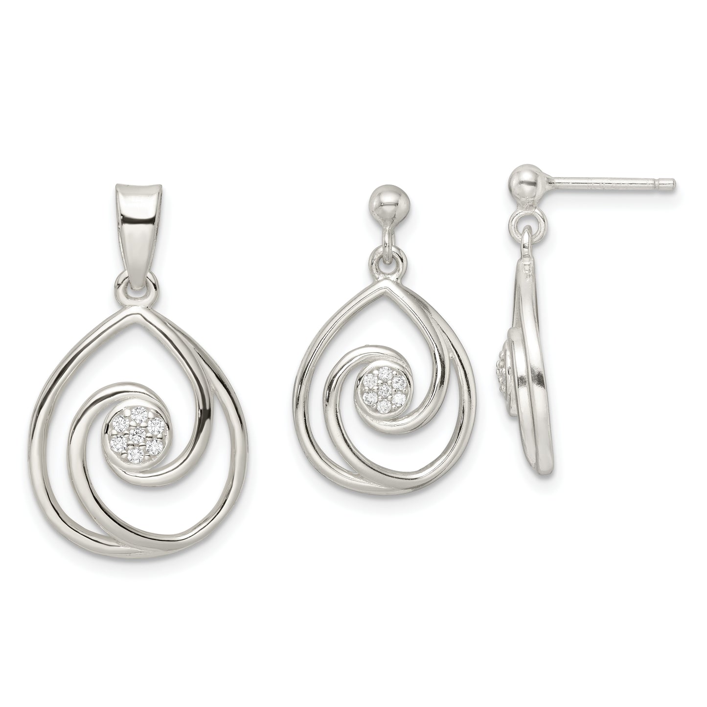 Sterling Silver Cz In Teardrop Pendant And Earrings Set