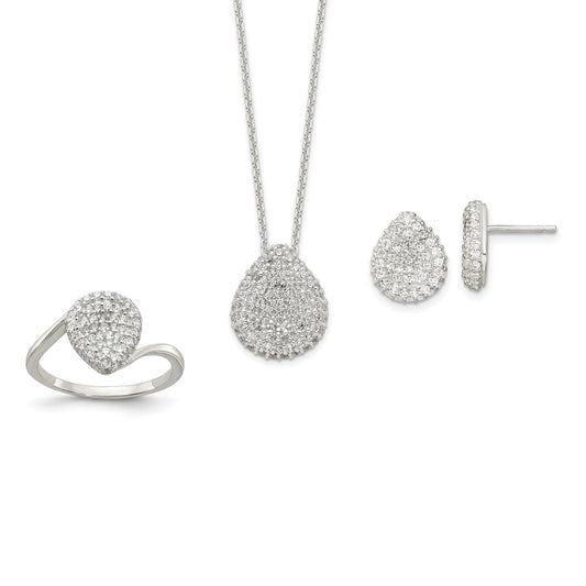 Sterling Silver 16 In W/1.5 Ext. Cz Pear Necklace, Earrings And Ring