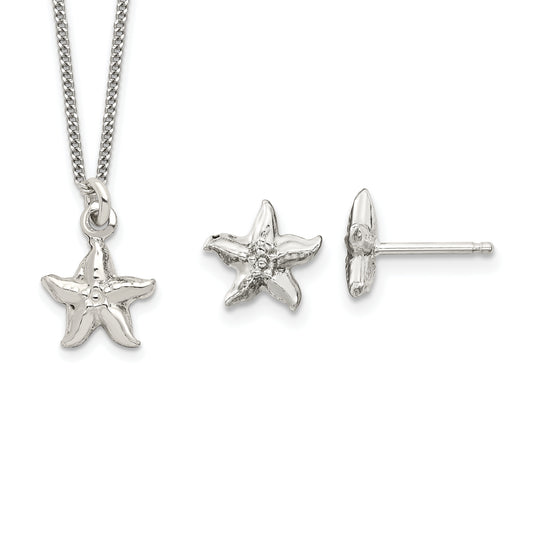 Sterling Silver Polished & Textured Starfish Children'S 14In Necklace And Post Earrings Set