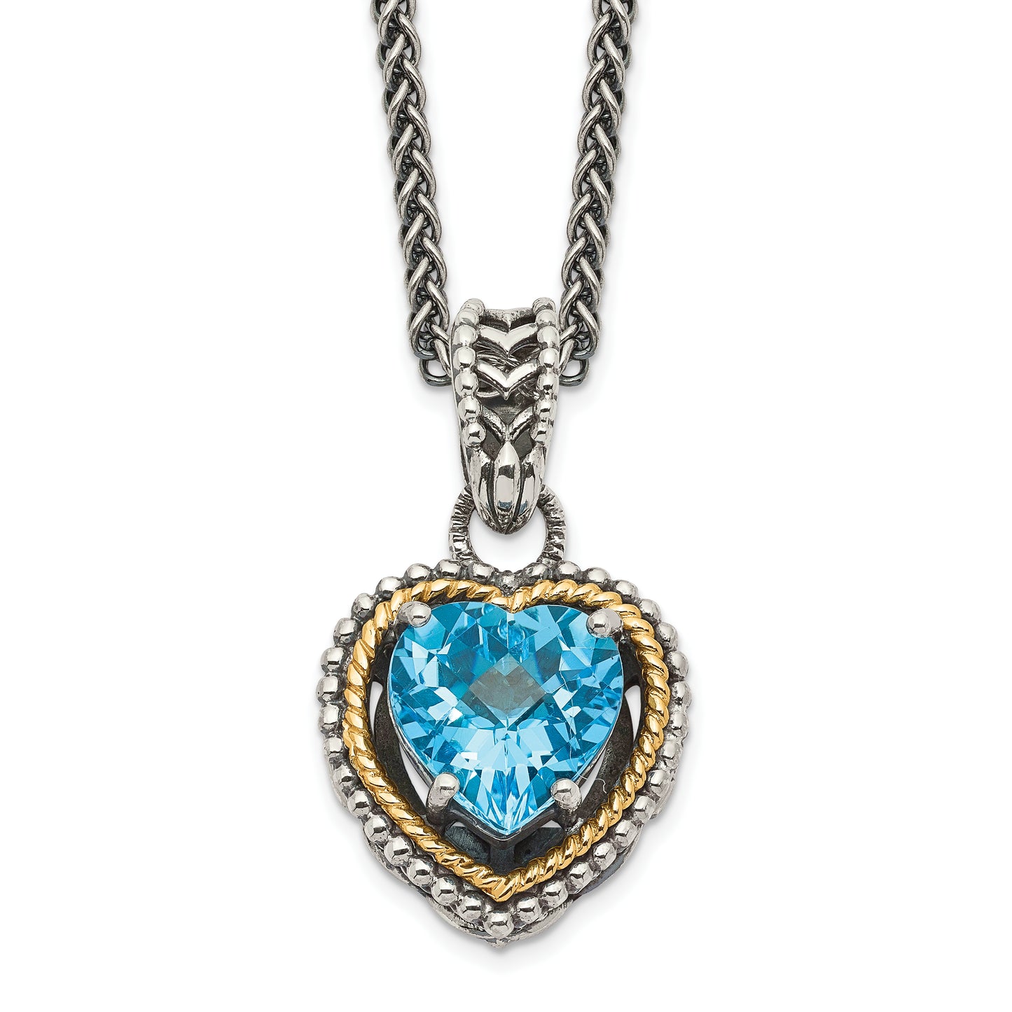 14K/Silver Two-Tone Shey Couture Sterling Silver With 14K Accent Antiqued Blue Topaz Heart 18 Inch Necklace