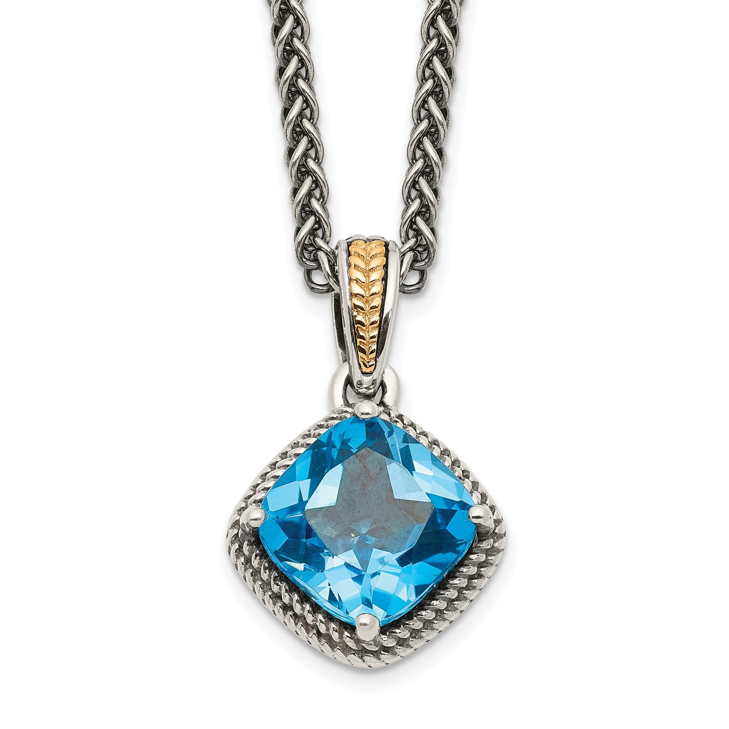 14K/Silver Two-Tone Shey Couture Sterling Silver With 14K Accent 18 Inch Antiqued Cushion Blue Topaz Necklace