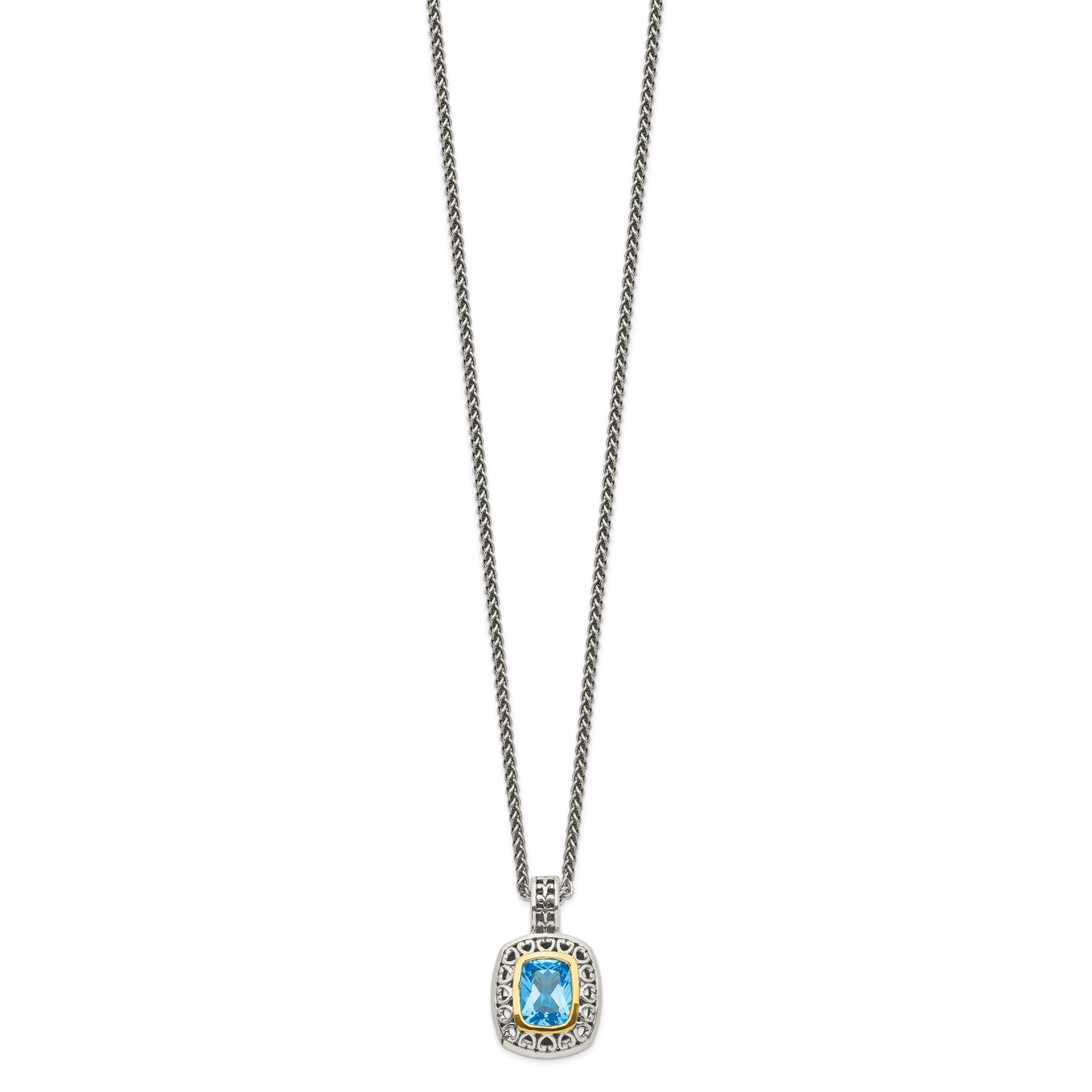 14K/Silver Two-Tone Shey Couture Sterling Silver With 14K Accent 18 Inch Antiqued Cushion Bezel Light Swiss Blue Topaz Necklace