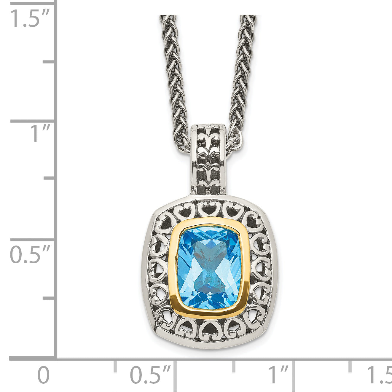 14K/Silver Two-Tone Shey Couture Sterling Silver With 14K Accent 18 Inch Antiqued Cushion Bezel Light Swiss Blue Topaz Necklace