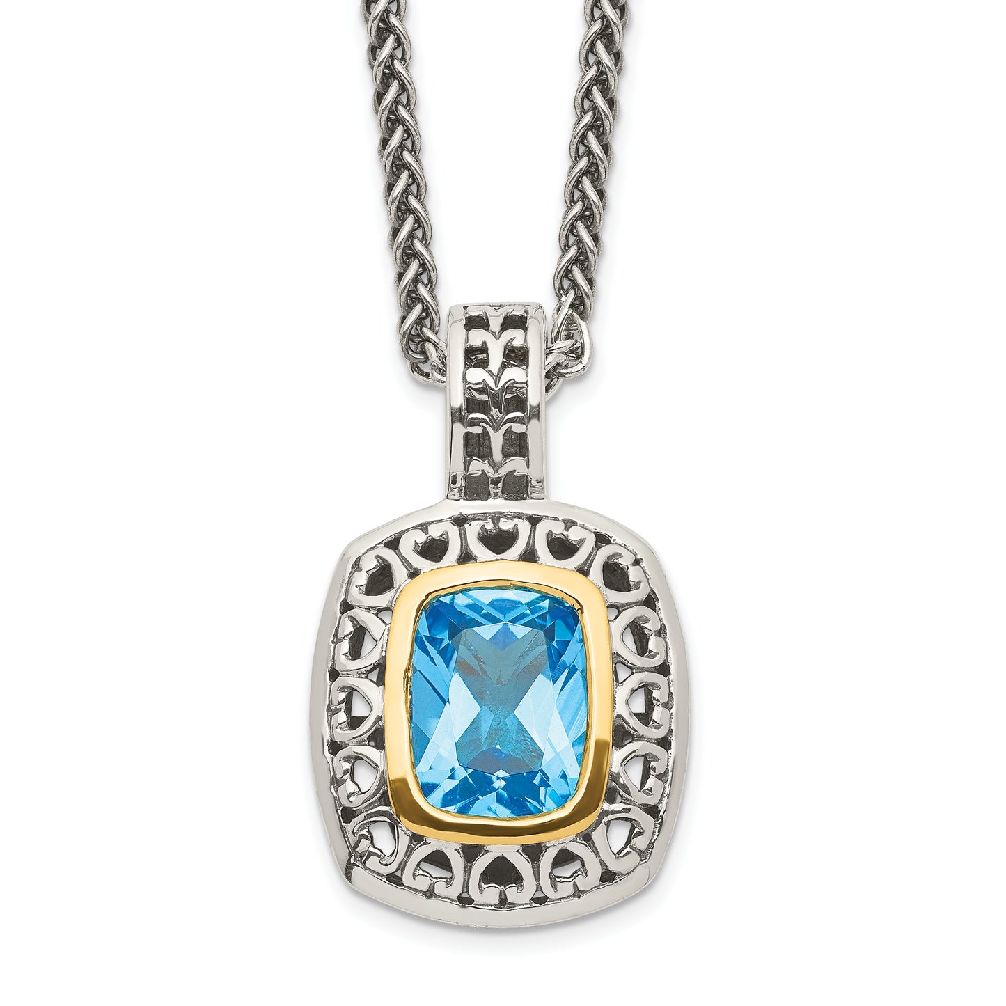 14K/Silver Two-Tone Shey Couture Sterling Silver With 14K Accent 18 Inch Antiqued Cushion Bezel Light Swiss Blue Topaz Necklace