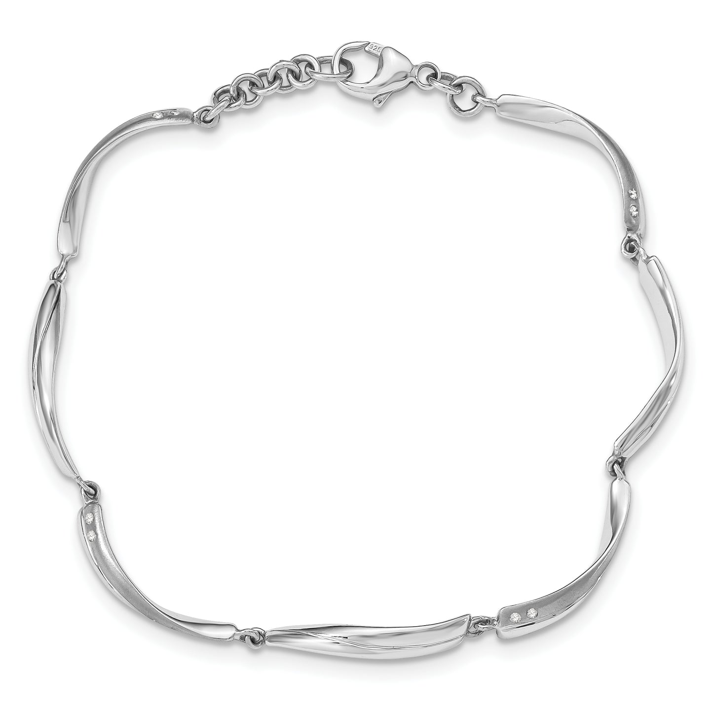 Sterling Silver White Ice Rhodium-Plated Satin And Polished Diamond 7.5 Inch Bracelet With 1 Extender