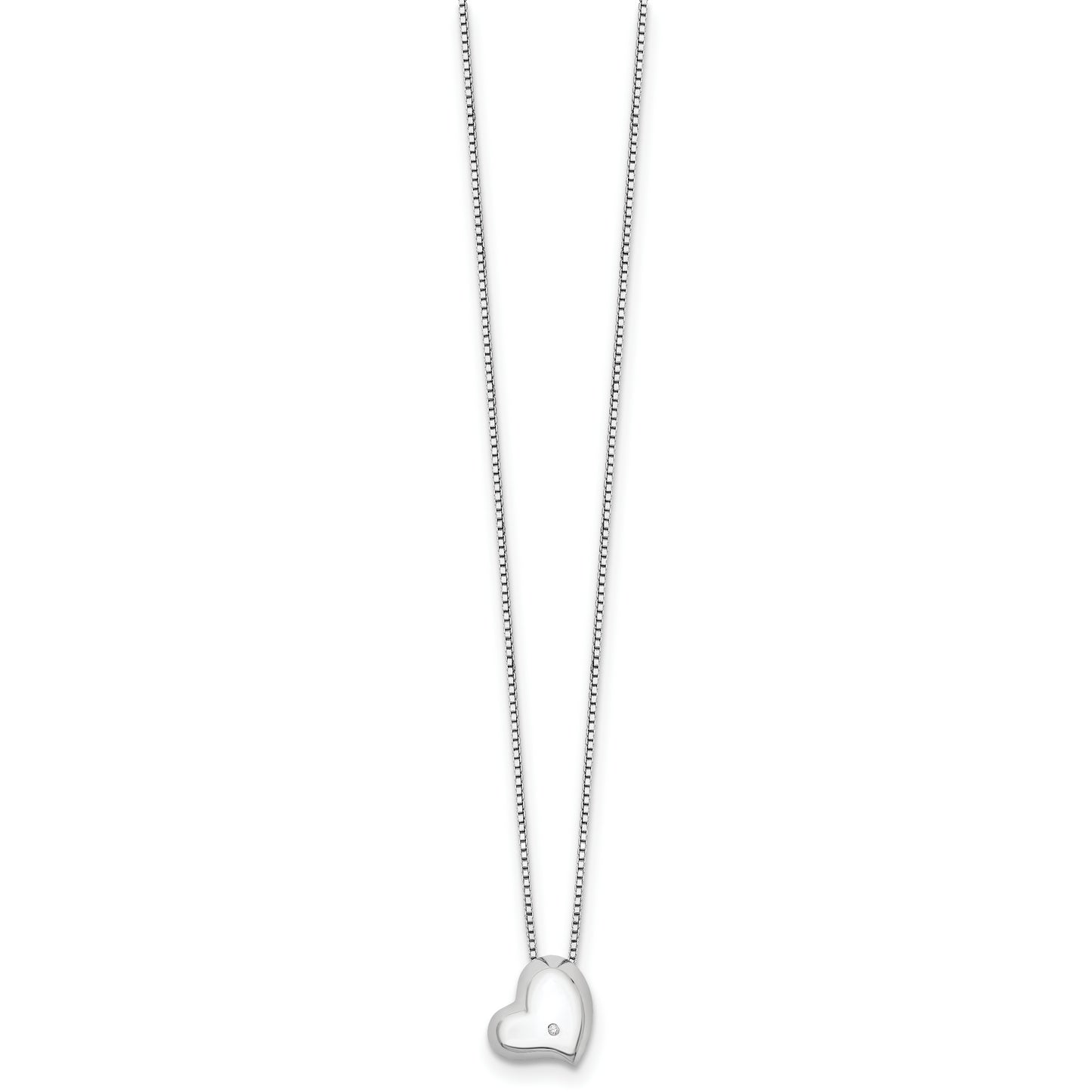 Sterling Silver White Ice Rhodium-Plated Satin And Polished 18 Inch Diamond Heart Necklace With 2 Extender