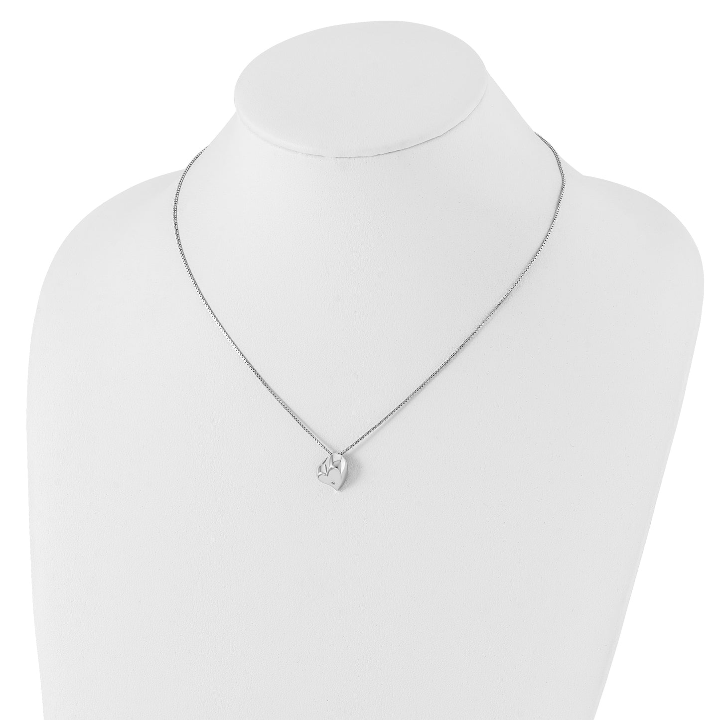 Sterling Silver White Ice Rhodium-Plated Satin And Polished 18 Inch Diamond Heart Necklace With 2 Extender