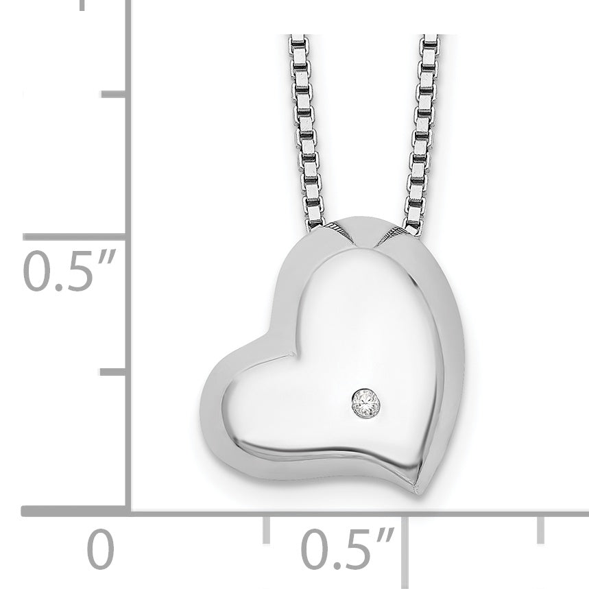 Sterling Silver White Ice Rhodium-Plated Satin And Polished 18 Inch Diamond Heart Necklace With 2 Extender