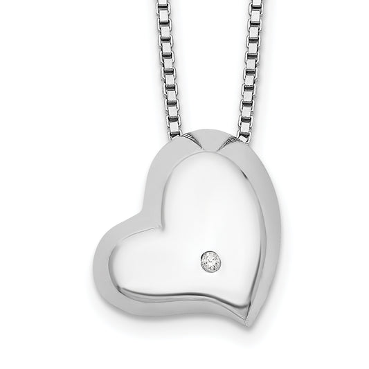 Sterling Silver White Ice Rhodium-Plated Satin And Polished 18 Inch Diamond Heart Necklace With 2 Extender