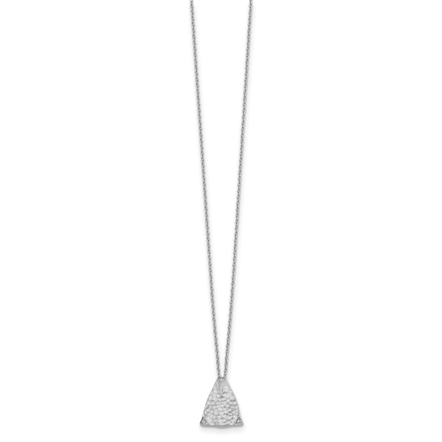 Sterling Silver White Ice Rhodium-Plated 18 Inch Textured Polished And Satin Triangle Diamond Necklace With 2 Extender