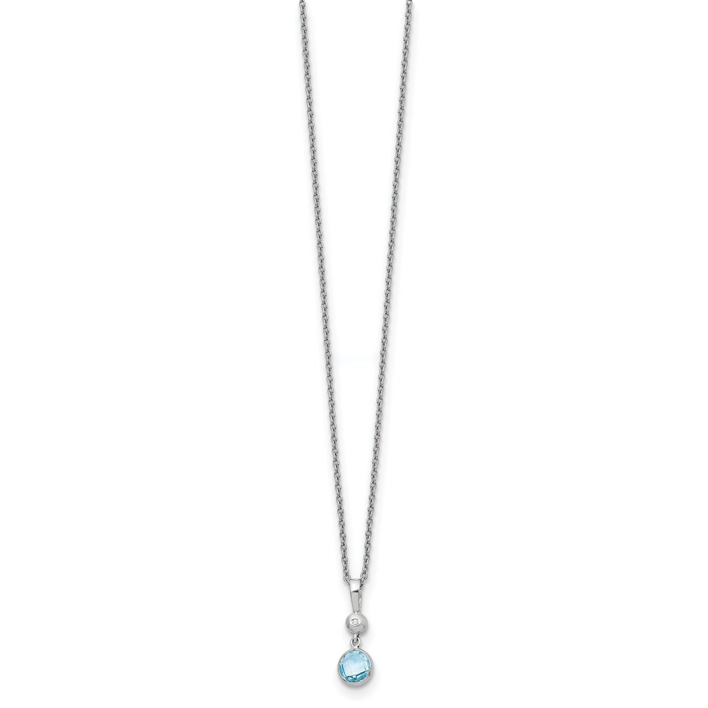 Sterling Silver White Ice Rhodium-Plated 18 Inch Blue Topaz And Diamond Necklace With 2 Extender