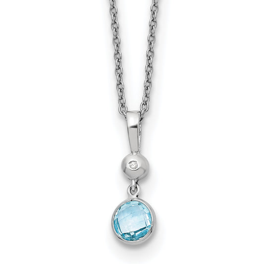 Sterling Silver White Ice Rhodium-Plated 18 Inch Blue Topaz And Diamond Necklace With 2 Extender