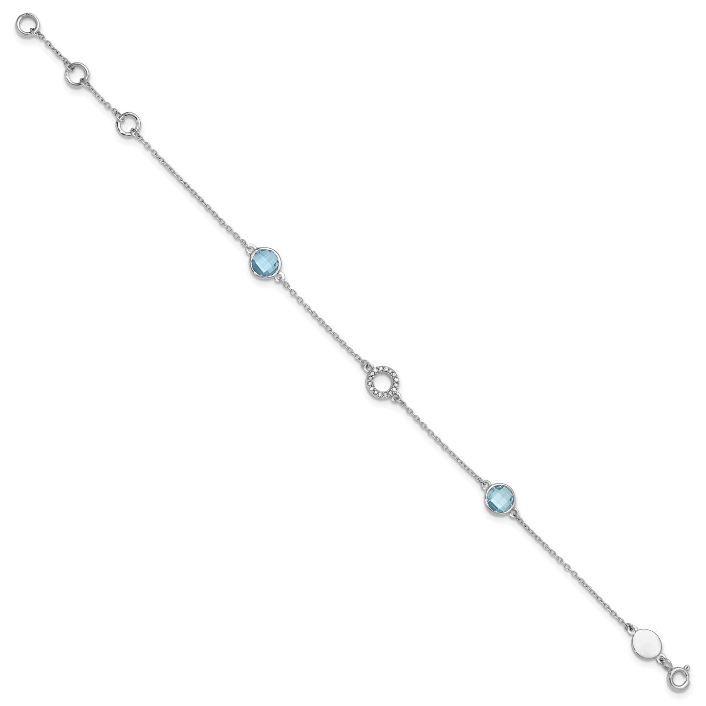 Sterling Silver White Ice Rhodium-Plated 7.25 Inch Blue Topaz And Diamond Bracelet With 1 Extender