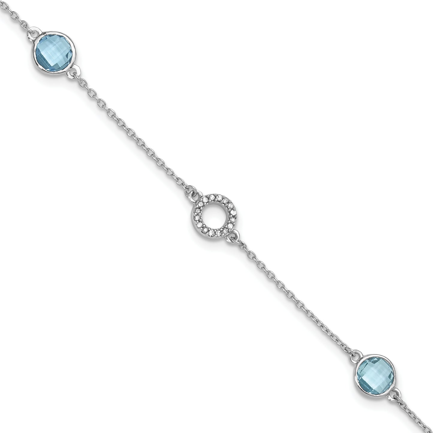 Sterling Silver White Ice Rhodium-Plated 7.25 Inch Blue Topaz And Diamond Bracelet With 1 Extender