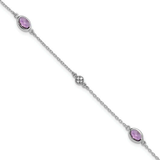 7.25 Inch White Ice Sterling Silver Rhodium-Plated 7.5 Amethyst And Diamond Bracelet With 1.25 Extender