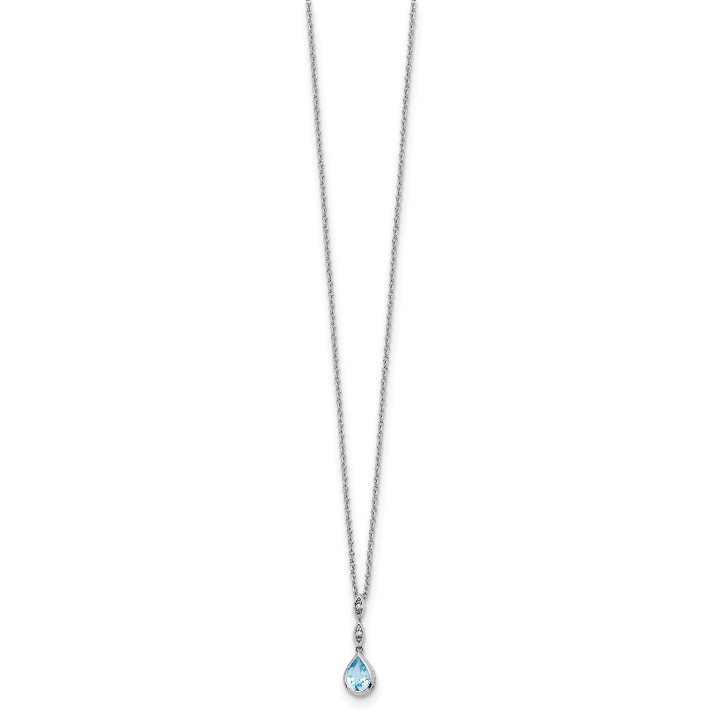 Sterling Silver White Ice Rhodium-Plated 18 Inch Blue Topaz And Diamond Teardrop Necklace With 2 Extender